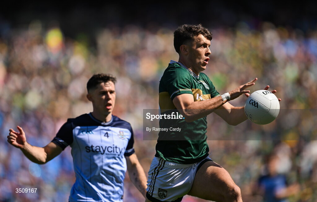 12 July 2026; David Clifford of Kerry in action against David Byrne of Dublin during the GAA Football All-Ireland Senior Championship semi-final match between Dublin and Kerry at Croke Park in Dublin. Photo by Ramsey Cardy/Sportsfile