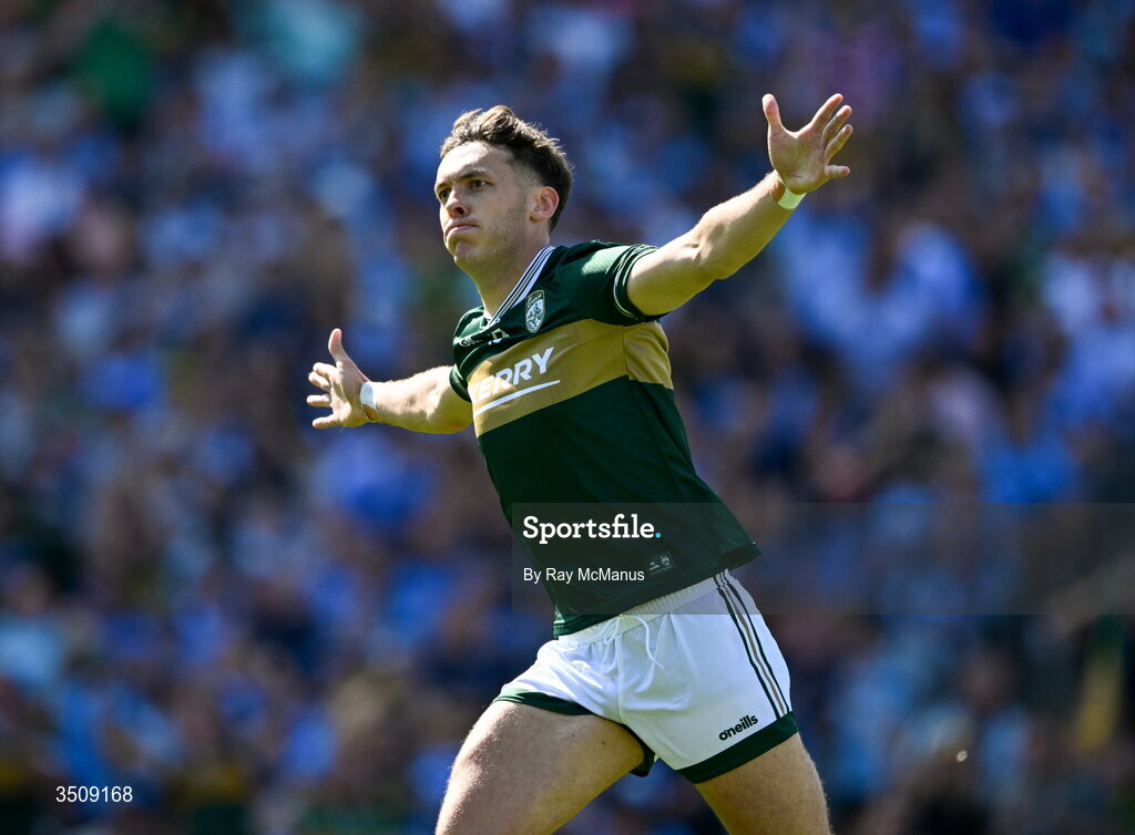 12 July 2026; David Clifford of Kerry celebrates scoring a third minute goal during the GAA Football All-Ireland Senior Championship semi-final match between Dublin and Kerry at Croke Park in Dublin. Photo by Ray McManus/Sportsfile Photo by Ray McManus/Sportsfile
