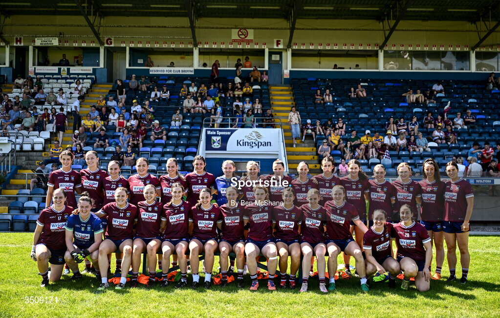 12 July 2026; The Westmeath team before before the LGFA TG4 All-Ireland Intermediate Championship semi-final match between Roscommon and Westmeath at Kingspan Breffni in Cavan. Photo by Ben McShane/Sportsfile