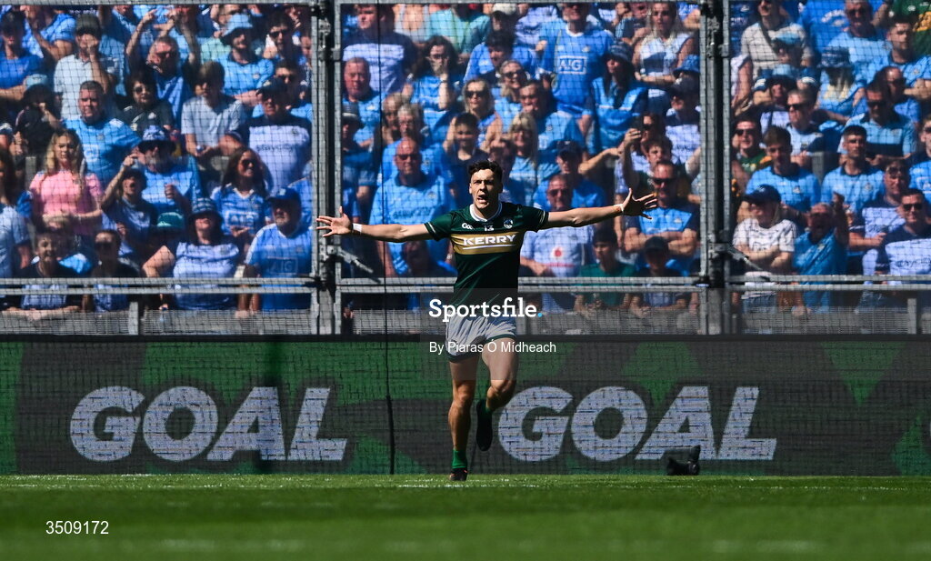 12 July 2026; David Clifford of Kerry runs away from Hill 16 as he celebrates scoring his side's first goal during the GAA Football All-Ireland Senior Championship semi-final match between Dublin and Kerry at Croke Park in Dublin. Photo by Piaras Ó Mídheach/Sportsfile