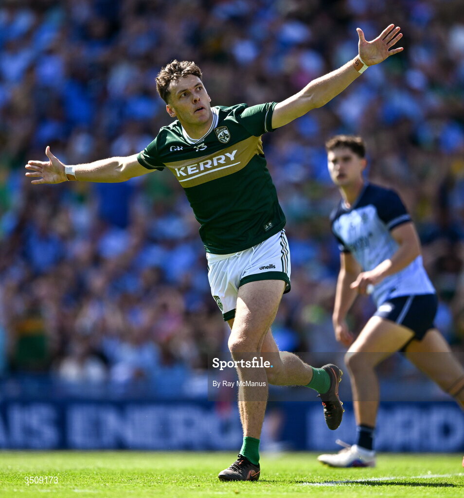 12 July 2026; David Clifford of Kerry celebrates scoring a third minute goal during the GAA Football All-Ireland Senior Championship semi-final match between Dublin and Kerry at Croke Park in Dublin. Photo by Ray McManus/Sportsfile Photo by Ray McManus/Sportsfile