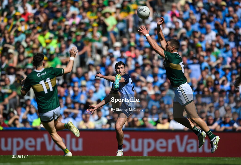 12 July 2026; Alex Gavin of Dublin has a shot blocked by Joe O'Connor of Kerry during the GAA Football All-Ireland Senior Championship semi-final match between Dublin and Kerry at Croke Park in Dublin. Photo by Stephen McCarthy/Sportsfile