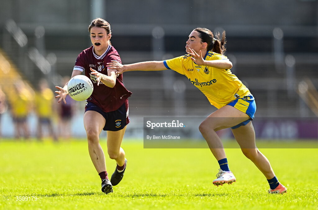 12 July 2026; Caoimhe Kilmurray of Westmeath in action against Ella Thompson of Roscommon during the LGFA TG4 All-Ireland Intermediate Championship semi-final match between Roscommon and Westmeath at Kingspan Breffni in Cavan. Photo by Ben McShane/Sportsfile