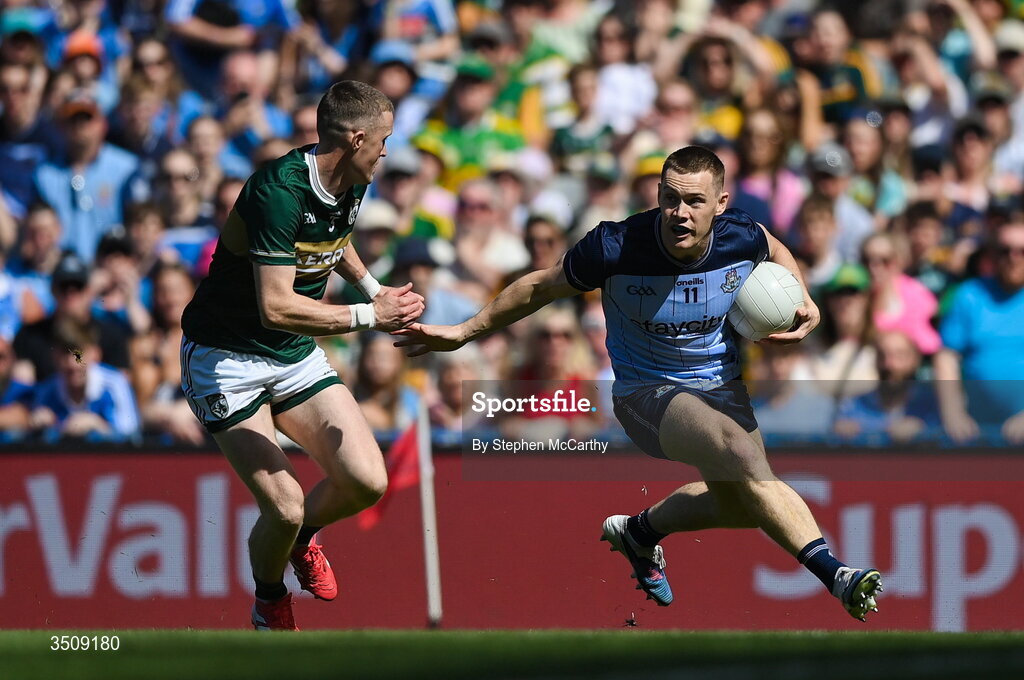 12 July 2026; Con O'Callaghan of Dublin in action against Jason Foley of Kerry during the GAA Football All-Ireland Senior Championship semi-final match between Dublin and Kerry at Croke Park in Dublin. Photo by Stephen McCarthy/Sportsfile