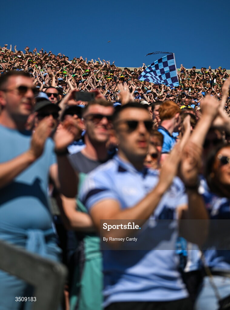 12 July 2026; Supporters on Hill 16 during the GAA Football All-Ireland Senior Championship semi-final match between Dublin and Kerry at Croke Park in Dublin. Photo by Ramsey Cardy/Sportsfile