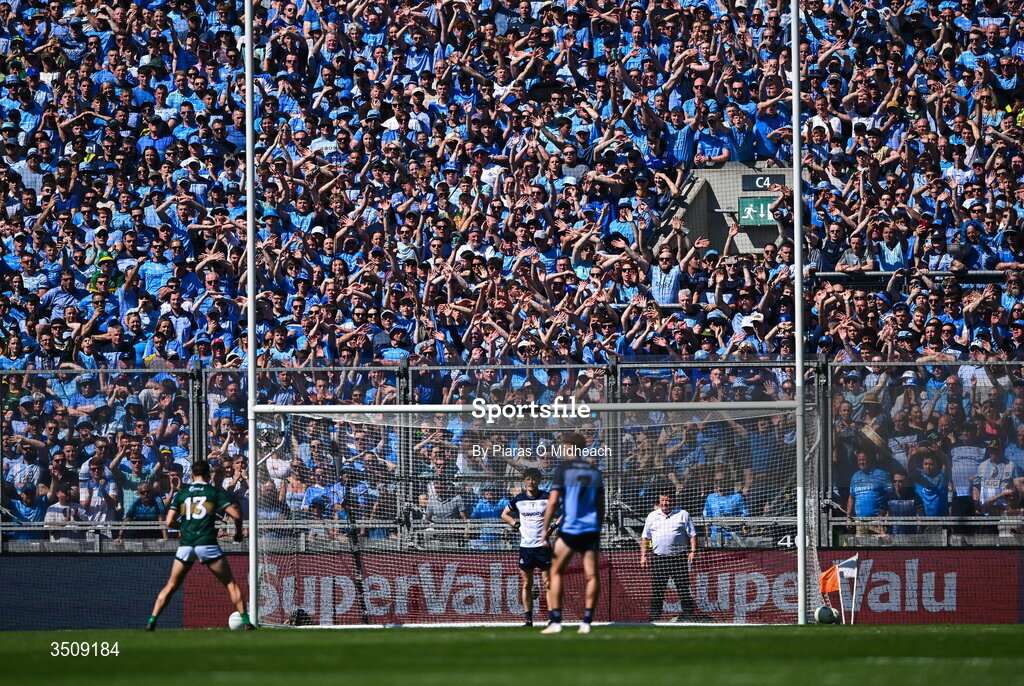 12 July 2026; Supporters on Hill 16 try to put David Clifford of Kerry off as he prepares to take a first half penalty during the GAA Football All-Ireland Senior Championship semi-final match between Dublin and Kerry at Croke Park in Dublin. Photo by Piaras Ó Mídheach/Sportsfile