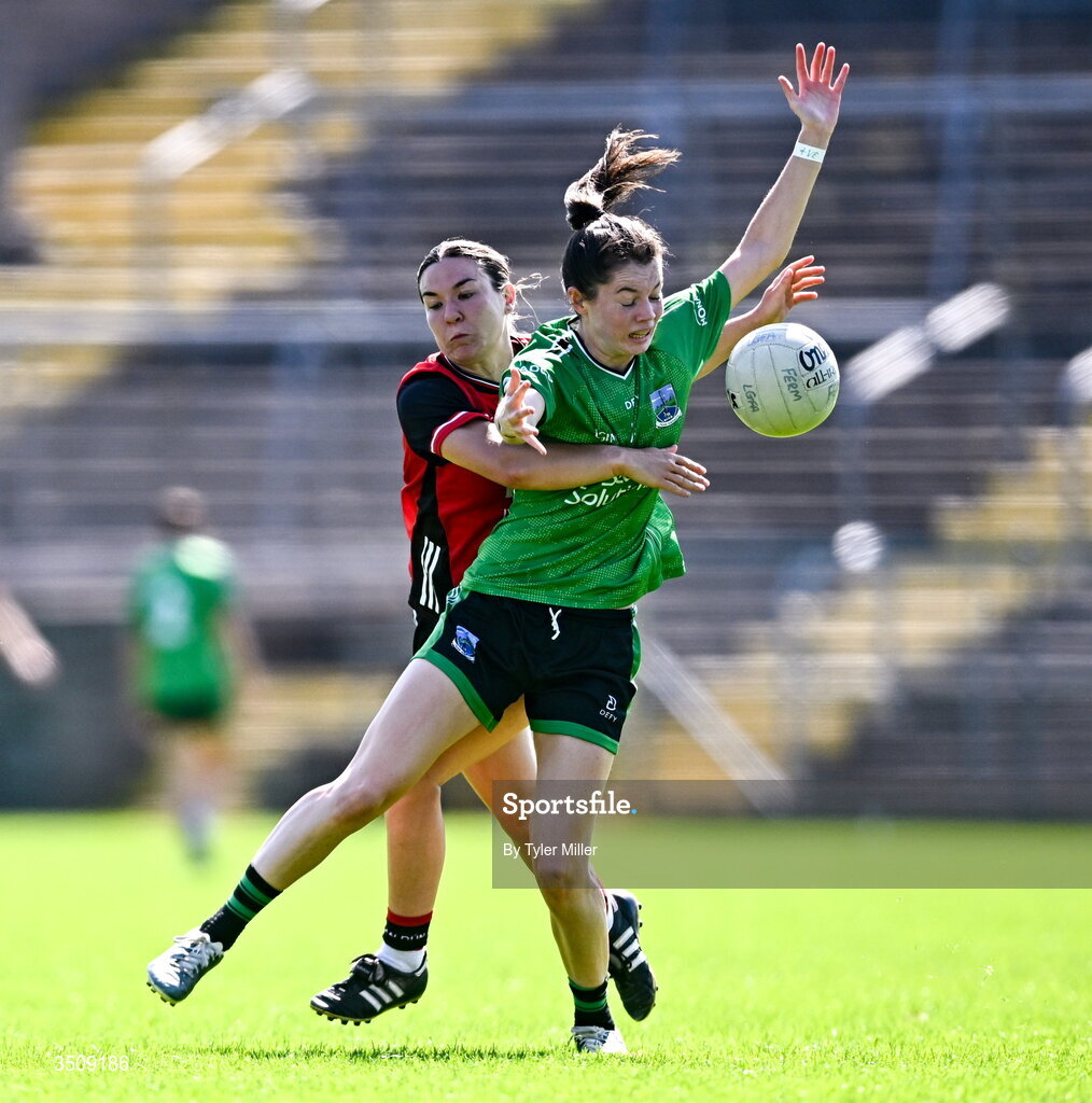 12 July 2026; Eimear Smyth of Fermanagh in action against Aimee Greene of Down during the LGFA TG4 All-Ireland Intermediate Championship semi-final match between Down and Fermanagh at St Tiernach’s Park in Clones, Monaghan. Photo by Tyler Miller/Sportsfile