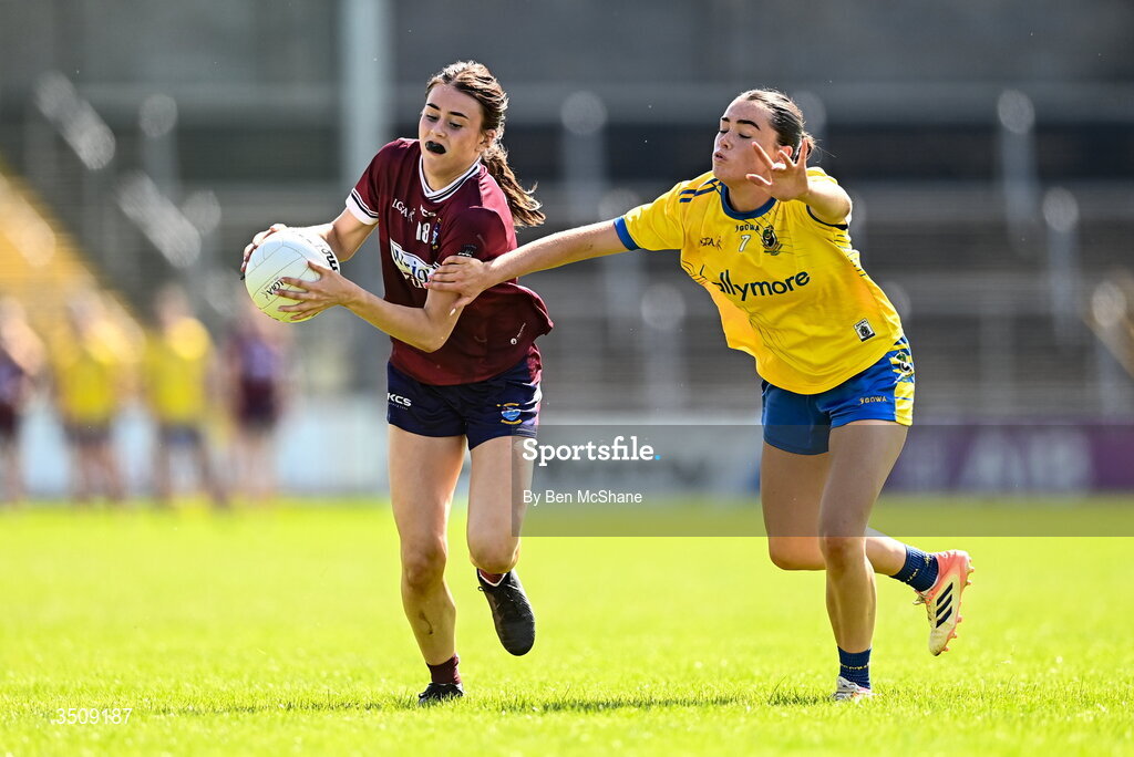 12 July 2026; Caoimhe Kilmurray of Westmeath in action against Ella Thompson of Roscommon during the LGFA TG4 All-Ireland Intermediate Championship semi-final match between Roscommon and Westmeath at Kingspan Breffni in Cavan. Photo by Ben McShane/Sportsfile