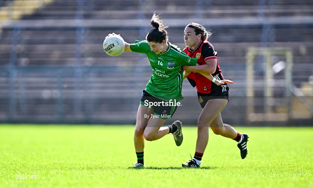 12 July 2026; Eimear Smyth of Fermanagh in action against Aimee Greene of Down during the LGFA TG4 All-Ireland Intermediate Championship semi-final match between Down and Fermanagh at St Tiernach’s Park in Clones, Monaghan. Photo by Tyler Miller/Sportsfile