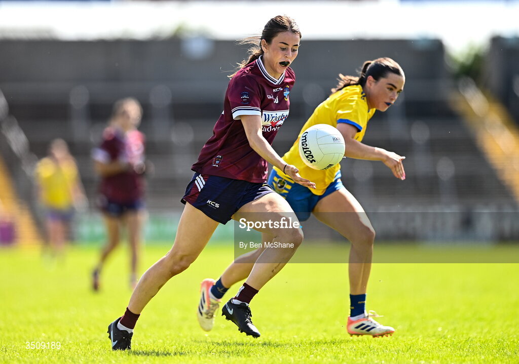 12 July 2026; Caoimhe Kilmurray of Westmeath in action against Ella Thompson of Roscommon during the LGFA TG4 All-Ireland Intermediate Championship semi-final match between Roscommon and Westmeath at Kingspan Breffni in Cavan. Photo by Ben McShane/Sportsfile
