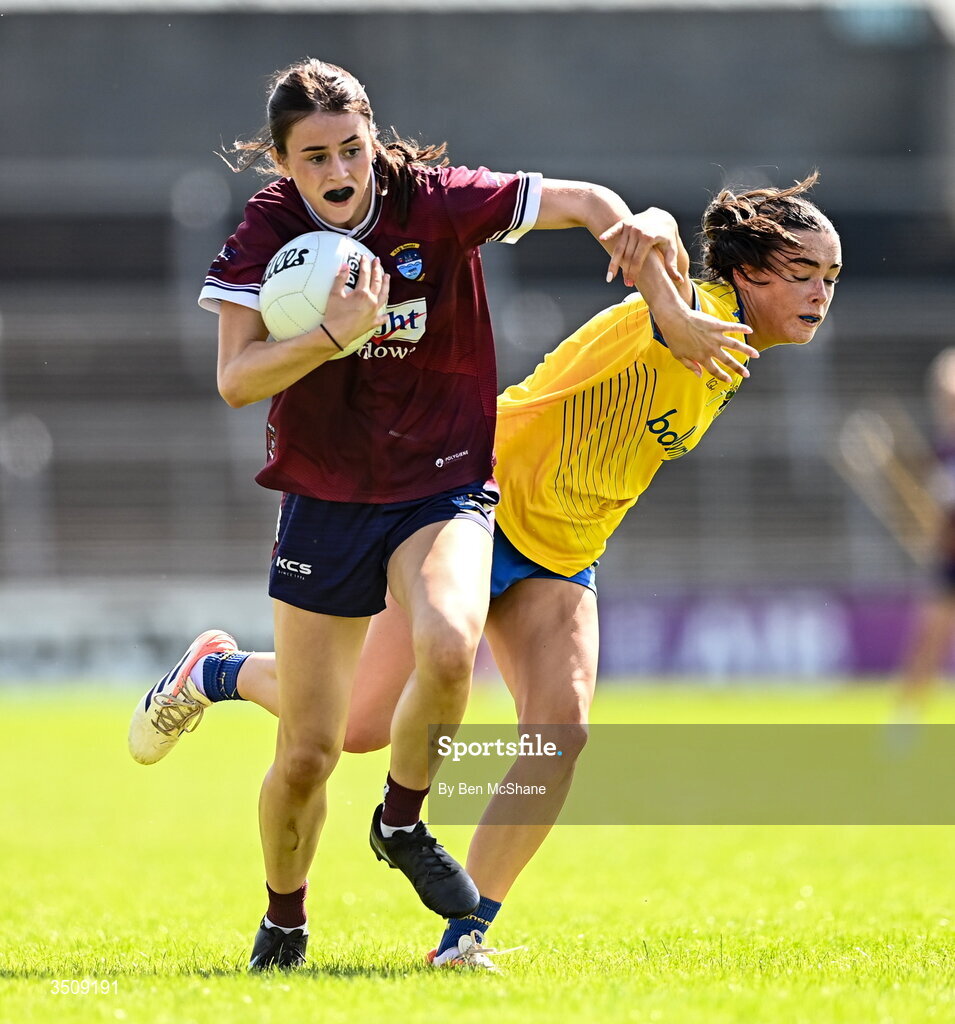 12 July 2026; Caoimhe Kilmurray of Westmeath in action against Ella Thompson of Roscommon during the LGFA TG4 All-Ireland Intermediate Championship semi-final match between Roscommon and Westmeath at Kingspan Breffni in Cavan. Photo by Ben McShane/Sportsfile