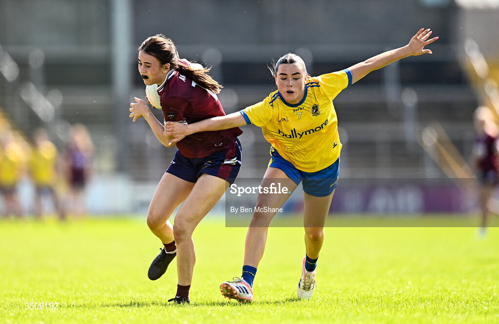 12 July 2026; Caoimhe Kilmurray of Westmeath in action against Ella Thompson of Roscommon during the LGFA TG4 All-Ireland Intermediate Championship semi-final match between Roscommon and Westmeath at Kingspan Breffni in Cavan. Photo by Ben McShane/Sportsfile