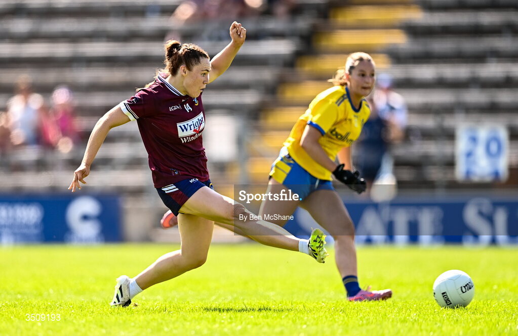 12 July 2026; Sarah Dillion of Westmeath has a shot on goal during the LGFA TG4 All-Ireland Intermediate Championship semi-final match between Roscommon and Westmeath at Kingspan Breffni in Cavan. Photo by Ben McShane/Sportsfile