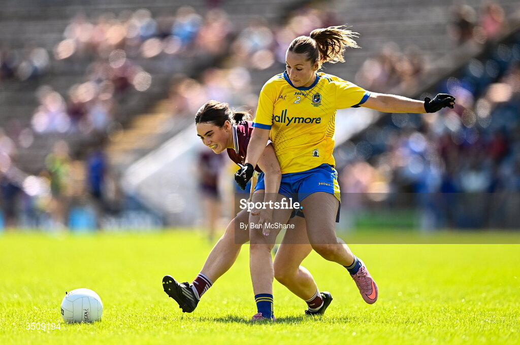 12 July 2026; Rebecca Higgins of Westmeath and Megan McKeon of Roscommon contest possession of a loose ball during the LGFA TG4 All-Ireland Intermediate Championship semi-final match between Roscommon and Westmeath at Kingspan Breffni in Cavan. Photo by Ben McShane/Sportsfile