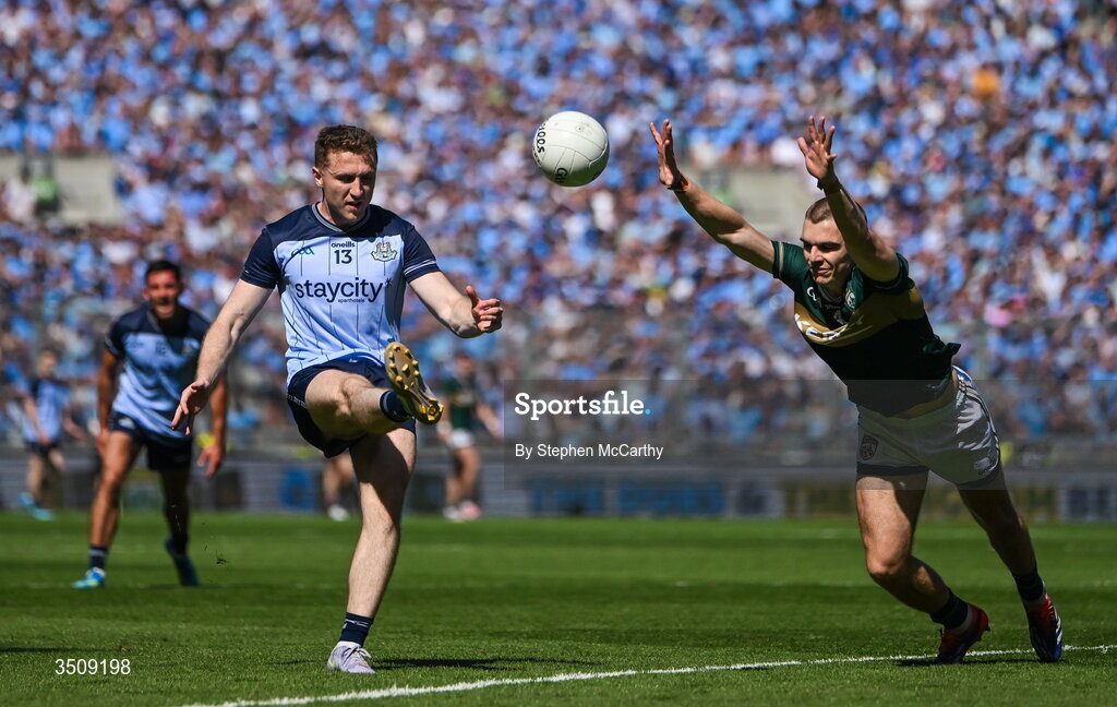 12 July 2026; Paddy Small of Dublin in action against Dylan Casey of Kerry during the GAA Football All-Ireland Senior Championship semi-final match between Dublin and Kerry at Croke Park in Dublin. Photo by Stephen McCarthy/Sportsfile