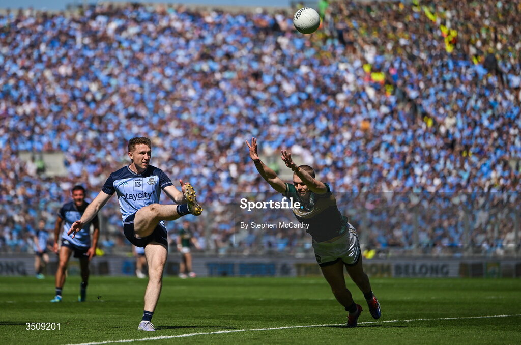 12 July 2026; Paddy Small of Dublin in action against Dylan Casey of Kerry during the GAA Football All-Ireland Senior Championship semi-final match between Dublin and Kerry at Croke Park in Dublin. Photo by Stephen McCarthy/Sportsfile