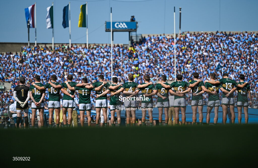12 July 2026; Kerry players stand for the playing of the national anthems ahead of the GAA Football All-Ireland Senior Championship semi-final match between Dublin and Kerry at Croke Park in Dublin. Photo by Stephen McCarthy/Sportsfile