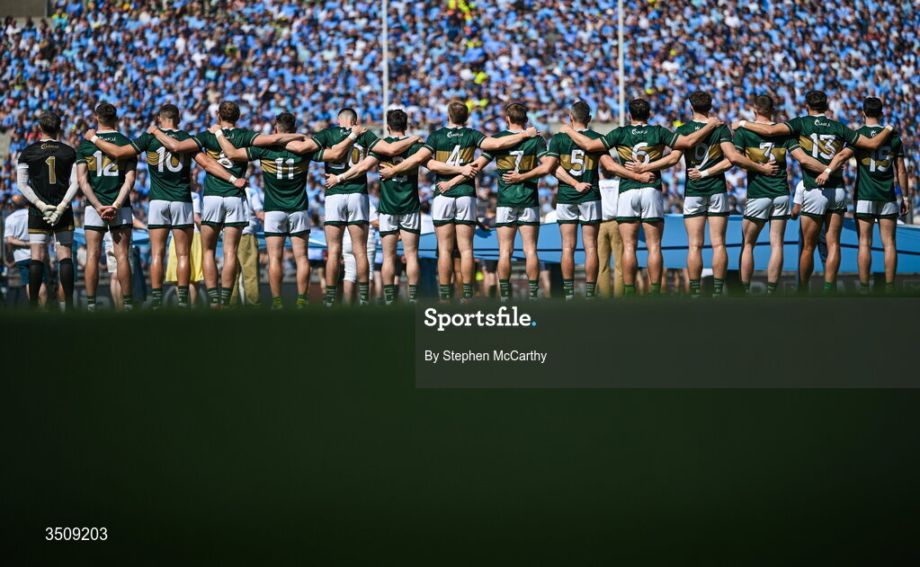 12 July 2026; Kerry players stand for the playing of the national anthems ahead of the GAA Football All-Ireland Senior Championship semi-final match between Dublin and Kerry at Croke Park in Dublin. Photo by Stephen McCarthy/Sportsfile