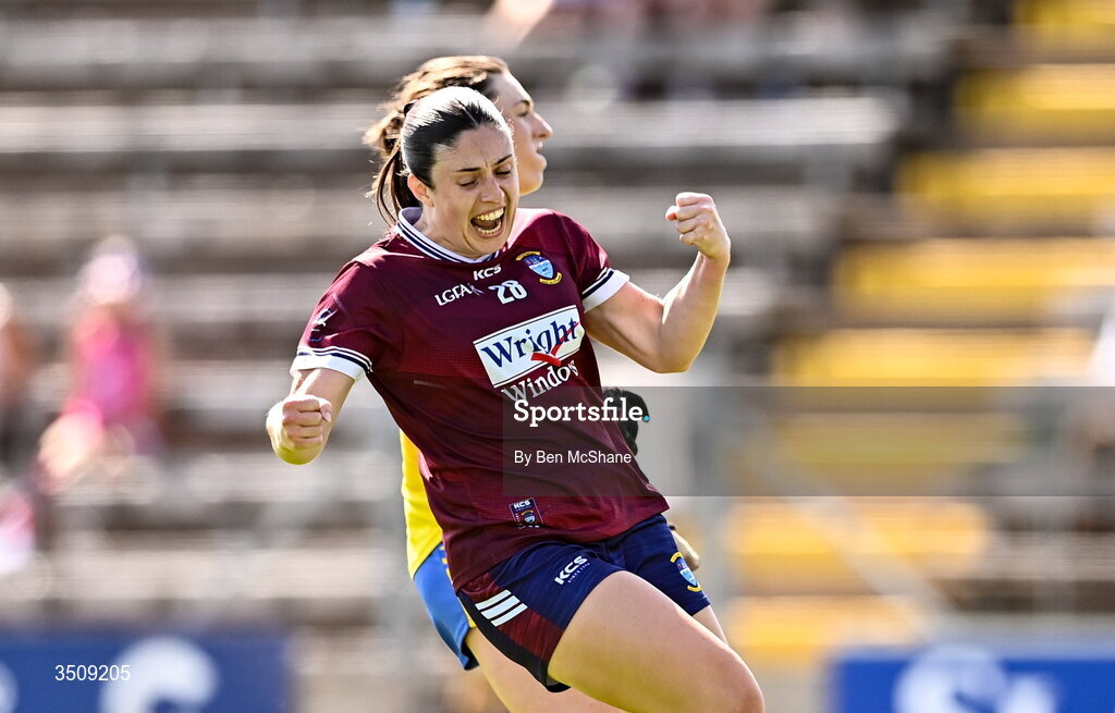 12 July 2026; Ashley Ruane of Westmeath celebrates after scoring her side's second goal during the LGFA TG4 All-Ireland Intermediate Championship semi-final match between Roscommon and Westmeath at Kingspan Breffni in Cavan. Photo by Ben McShane/Sportsfile