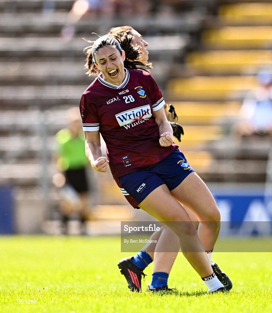 12 July 2026; Ashley Ruane of Westmeath celebrates after scoring her side's second goal during the LGFA TG4 All-Ireland Intermediate Championship semi-final match between Roscommon and Westmeath at Kingspan Breffni in Cavan. Photo by Ben McShane/Sportsfile