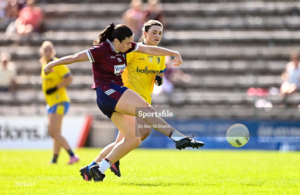 12 July 2026; Ashley Ruane of Westmeath shoots to score her side's second goal during the LGFA TG4 All-Ireland Intermediate Championship semi-final match between Roscommon and Westmeath at Kingspan Breffni in Cavan. Photo by Ben McShane/Sportsfile