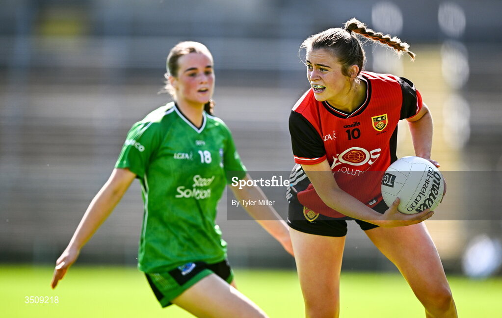 12 July 2026; Aoife Laverty of Down in action against Sinead Barrett of Fermanagh during the LGFA TG4 All-Ireland Intermediate Championship semi-final match between Down and Fermanagh at St Tiernach’s Park in Clones, Monaghan. Photo by Tyler Miller/Sportsfile