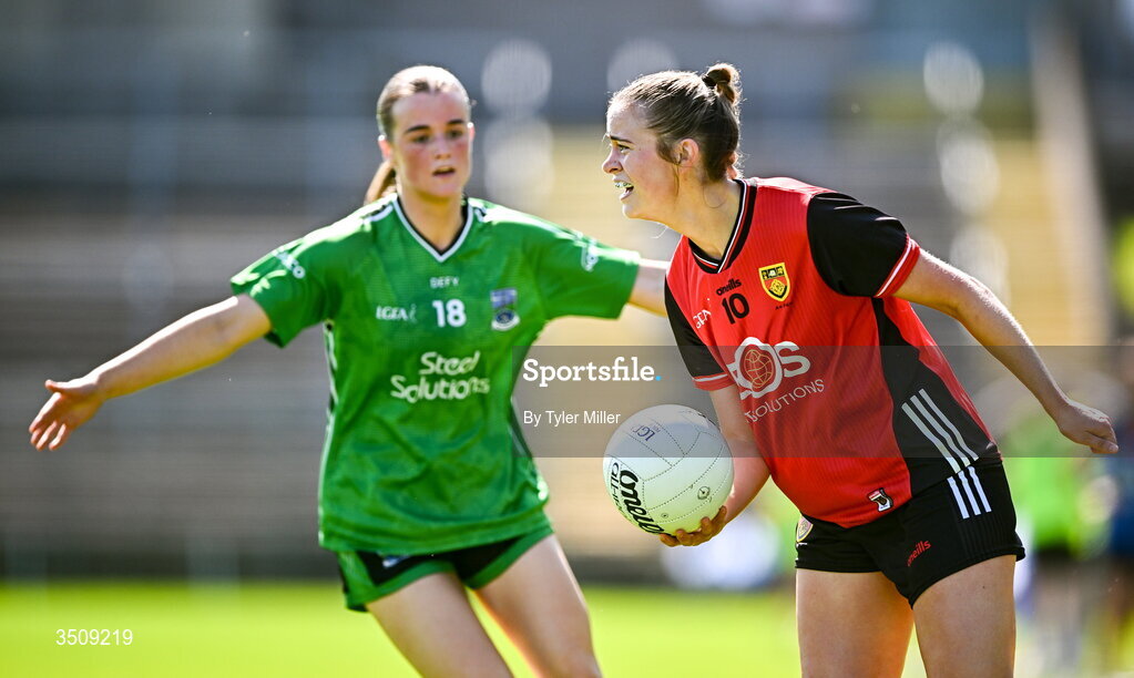 12 July 2026; Aoife Laverty of Down in action against Sinead Barrett of Fermanagh during the LGFA TG4 All-Ireland Intermediate Championship semi-final match between Down and Fermanagh at St Tiernach’s Park in Clones, Monaghan. Photo by Tyler Miller/Sportsfile