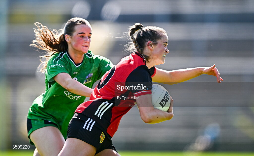 12 July 2026; Aoife Laverty of Down in action against Sinead Barrett of Fermanagh during the LGFA TG4 All-Ireland Intermediate Championship semi-final match between Down and Fermanagh at St Tiernach’s Park in Clones, Monaghan. Photo by Tyler Miller/Sportsfile