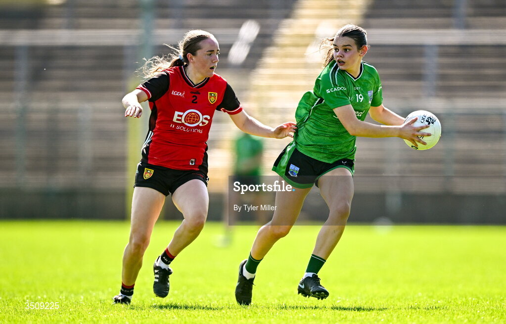 12 July 2026; Bronagh Smyth of Fermanagh in action against Neva Loudon of Down during the LGFA TG4 All-Ireland Intermediate Championship semi-final match between Down and Fermanagh at St Tiernach’s Park in Clones, Monaghan. Photo by Tyler Miller/Sportsfile