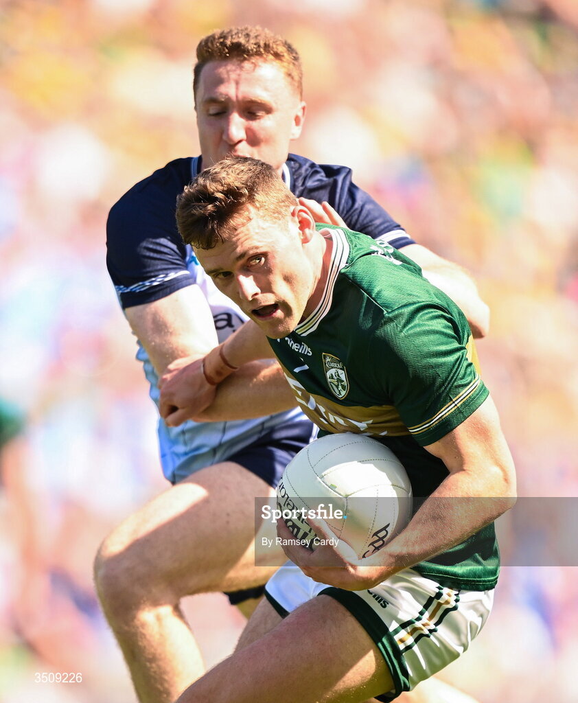 12 July 2026; Gavin White of Kerry in action against Paddy Small of Dublin during the GAA Football All-Ireland Senior Championship semi-final match between Dublin and Kerry at Croke Park in Dublin. Photo by Ramsey Cardy/Sportsfile