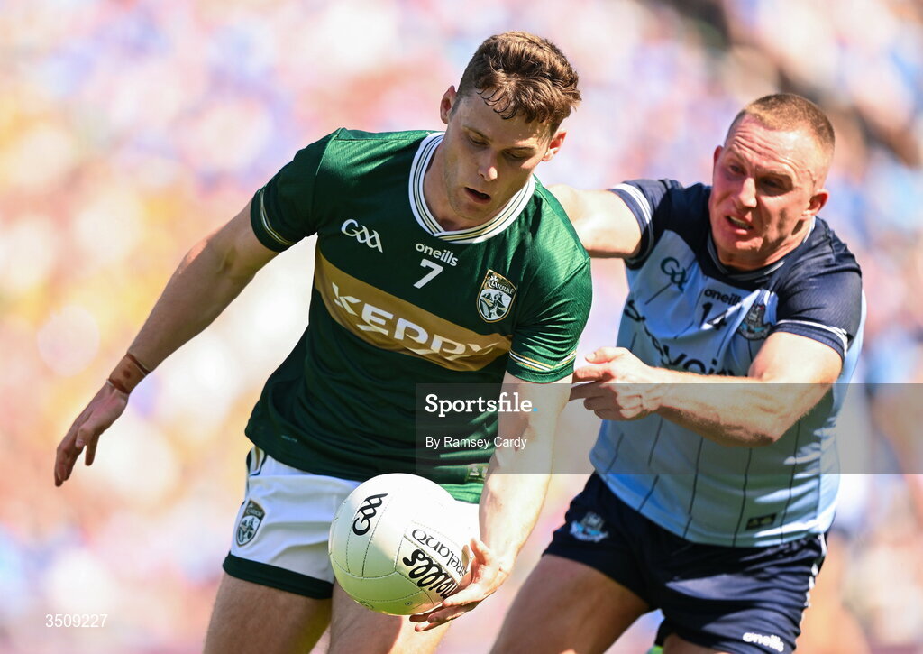 12 July 2026; Gavin White of Kerry in action against Ciaran Kilkenny of Dublin during the GAA Football All-Ireland Senior Championship semi-final match between Dublin and Kerry at Croke Park in Dublin. Photo by Ramsey Cardy/Sportsfile