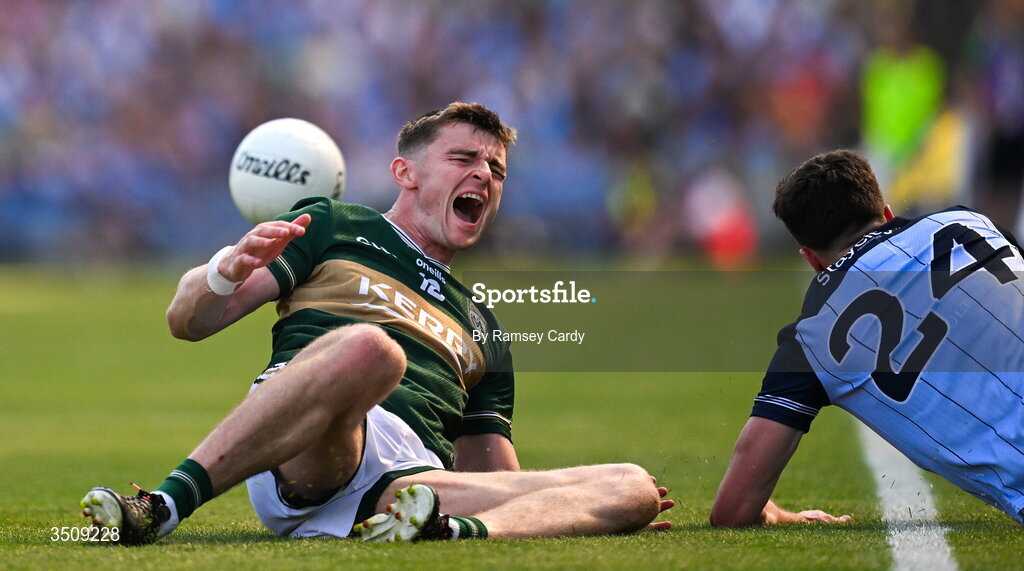 12 July 2026; Diarmuid O'Connor of Kerry reacts after a collision with Alex Gavin of Dublin during the GAA Football All-Ireland Senior Championship semi-final match between Dublin and Kerry at Croke Park in Dublin. Photo by Ramsey Cardy/Sportsfile