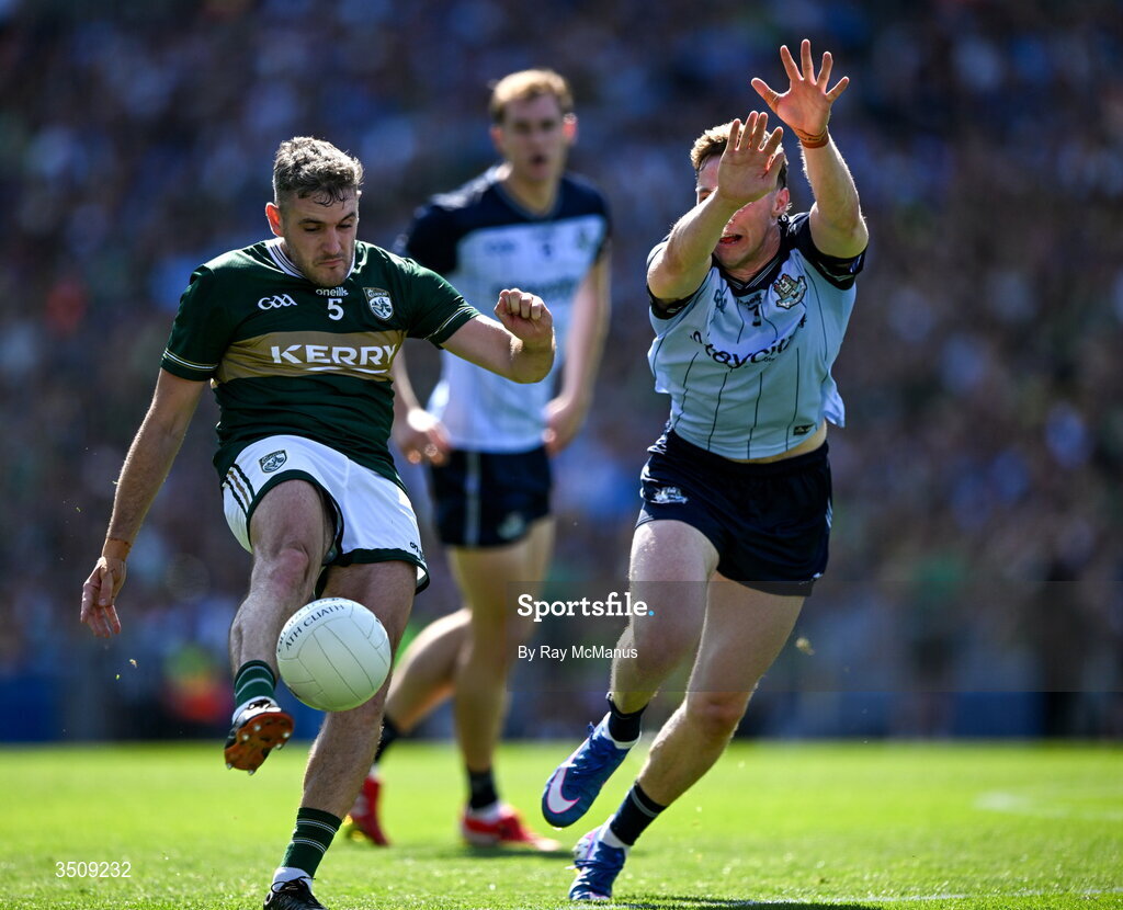 12 July 2026; Graham O'Sullivan of Kerry is tackled by Eoin Kennedy of Dublin during the GAA Football All-Ireland Senior Championship semi-final match between Dublin and Kerry at Croke Park in Dublin. Photo by Ray McManus/Sportsfile Photo by Ray McManus/Sportsfile