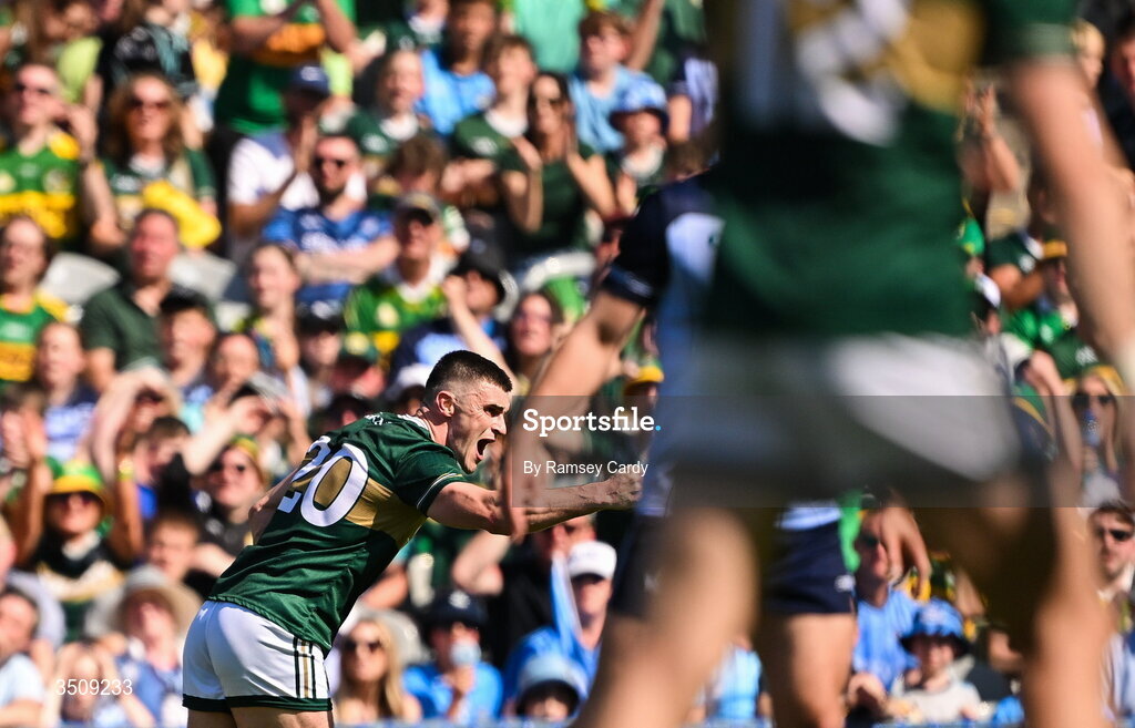 12 July 2026; Seán O'Shea of Kerry celebrates after kicking the final point of the first half in the GAA Football All-Ireland Senior Championship semi-final match between Dublin and Kerry at Croke Park in Dublin. Photo by Ramsey Cardy/Sportsfile