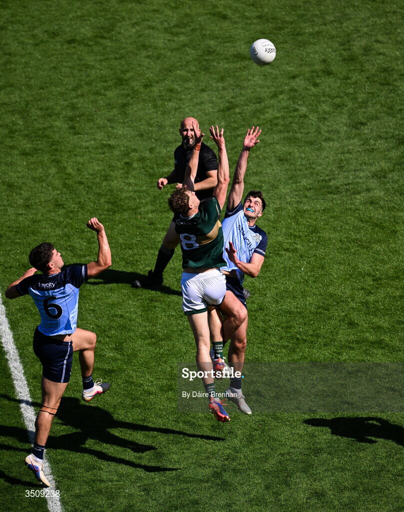 12 July 2026; Mark O'Shea of Kerry in action against Alex Gavin of Dublin during the GAA Football All-Ireland Senior Championship semi-final match between Dublin and Kerry at Croke Park in Dublin. Photo by Daire Brennan/Sportsfile