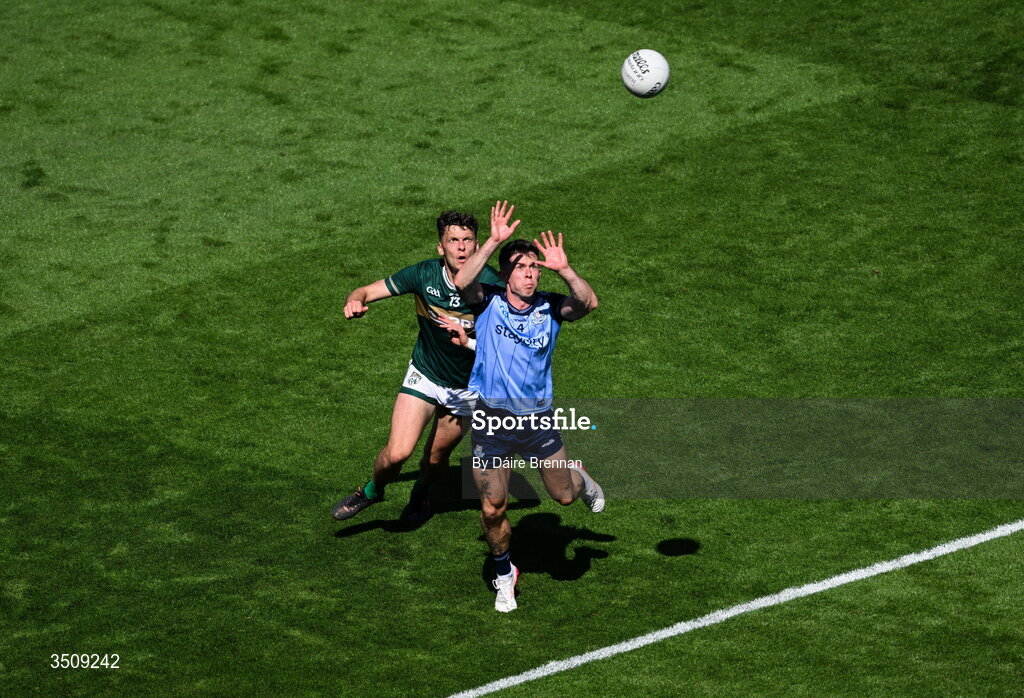 12 July 2026; David Byrne of Dublin in action against David Clifford of Kerry during the GAA Football All-Ireland Senior Championship semi-final match between Dublin and Kerry at Croke Park in Dublin. Photo by Daire Brennan/Sportsfile