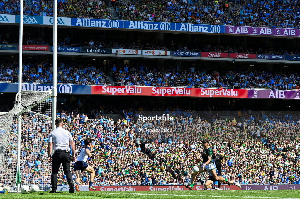 12 July 2026; David Clifford of Kerry shoots to score his side's first goal despite the attention of David Byrne of Dublin during the GAA Football All-Ireland Senior Championship semi-final match between Dublin and Kerry at Croke Park in Dublin. Photo by Ramsey Cardy/Sportsfile