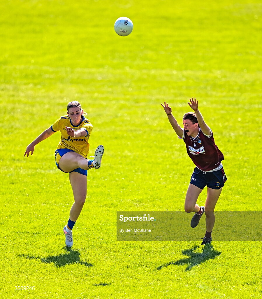 12 July 2026; Ellen Irwin of Roscommon in action against Caoimhe Kilmurray of Westmeath during the LGFA TG4 All-Ireland Intermediate Championship semi-final match between Roscommon and Westmeath at Kingspan Breffni in Cavan. Photo by Ben McShane/Sportsfile