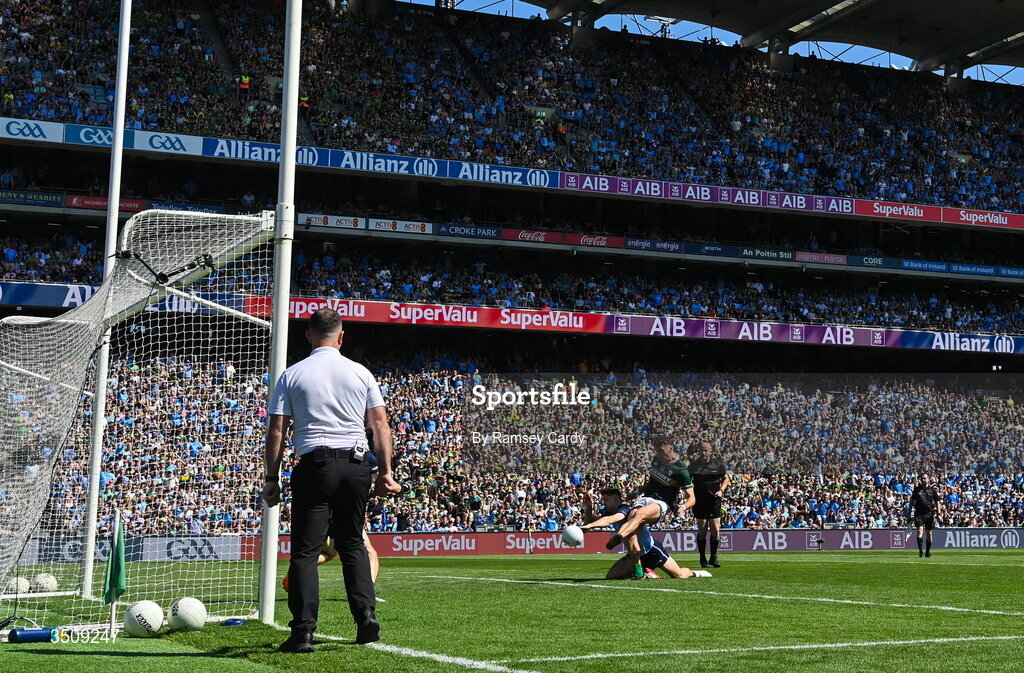 12 July 2026; David Clifford of Kerry shoots to score his side's first goal despite the attention of David Byrne of Dublin during the GAA Football All-Ireland Senior Championship semi-final match between Dublin and Kerry at Croke Park in Dublin. Photo by Ramsey Cardy/Sportsfile