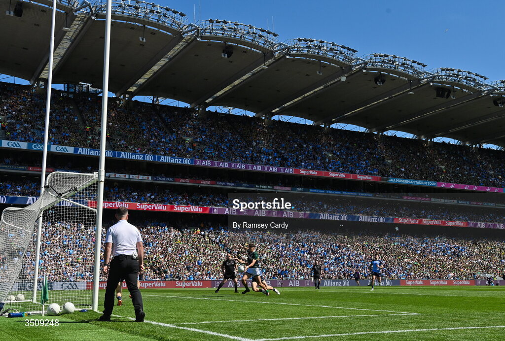 12 July 2026; David Clifford of Kerry shoots to score his side's first goal despite the attention of David Byrne of Dublin during the GAA Football All-Ireland Senior Championship semi-final match between Dublin and Kerry at Croke Park in Dublin. Photo by Ramsey Cardy/Sportsfile