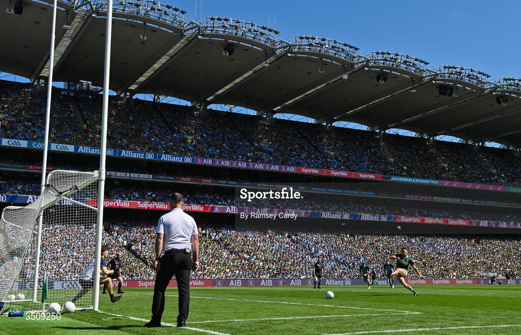 12 July 2026; David Clifford of Kerry takes a penalty, which was saved by Dublin goalkeeper Evan Comerford, during the GAA Football All-Ireland Senior Championship semi-final match between Dublin and Kerry at Croke Park in Dublin. Photo by Ramsey Cardy/Sportsfile