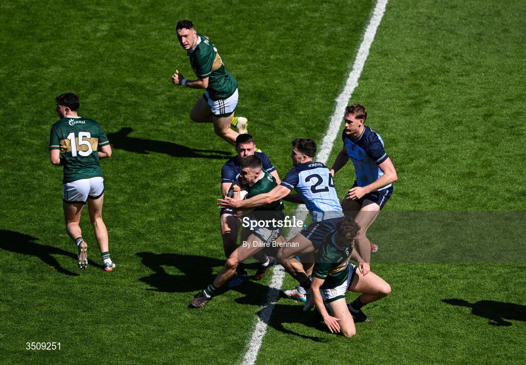 12 July 2026; Seán O'Shea of Kerry in action against Brian Howard, left, and Alex Gavin of Dublin during the GAA Football All-Ireland Senior Championship semi-final match between Dublin and Kerry at Croke Park in Dublin. Photo by Daire Brennan/Sportsfile