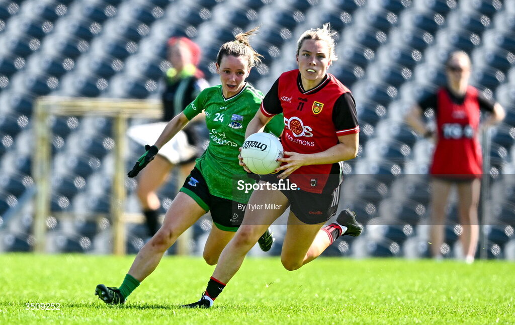 12 July 2026; Laoise Duffy of Down in action against Aisling O'Brien of Fermanagh during the LGFA TG4 All-Ireland Intermediate Championship semi-final match between Down and Fermanagh at St Tiernach’s Park in Clones, Monaghan. Photo by Tyler Miller/Sportsfile