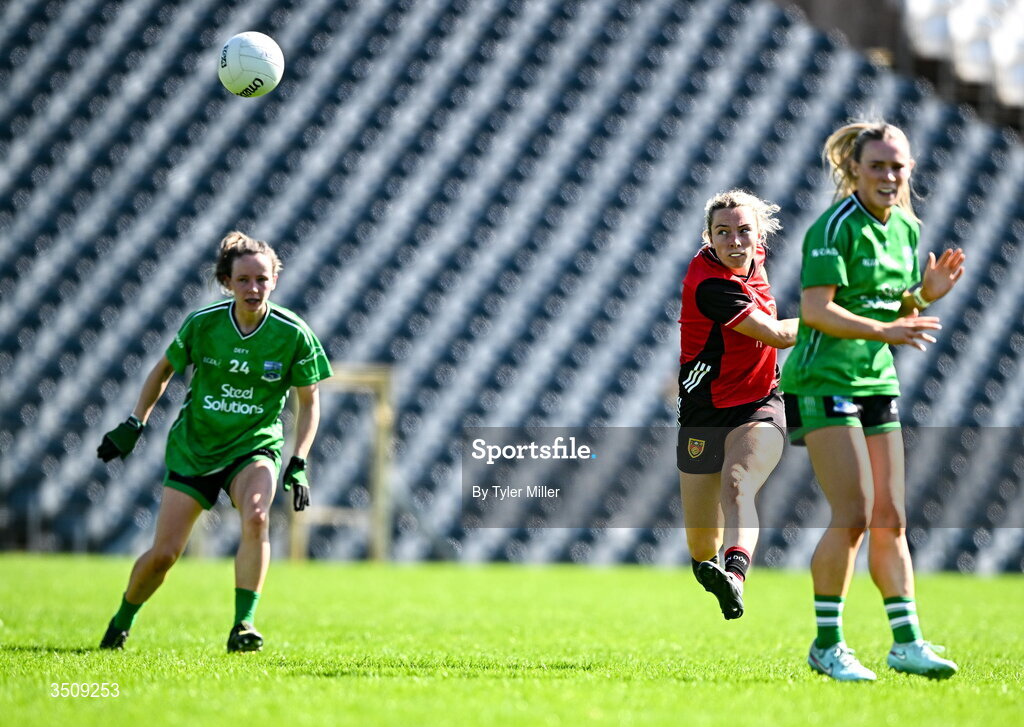 12 July 2026; Laoise Duffy of Down kicks a score during the LGFA TG4 All-Ireland Intermediate Championship semi-final match between Down and Fermanagh at St Tiernach’s Park in Clones, Monaghan. Photo by Tyler Miller/Sportsfile