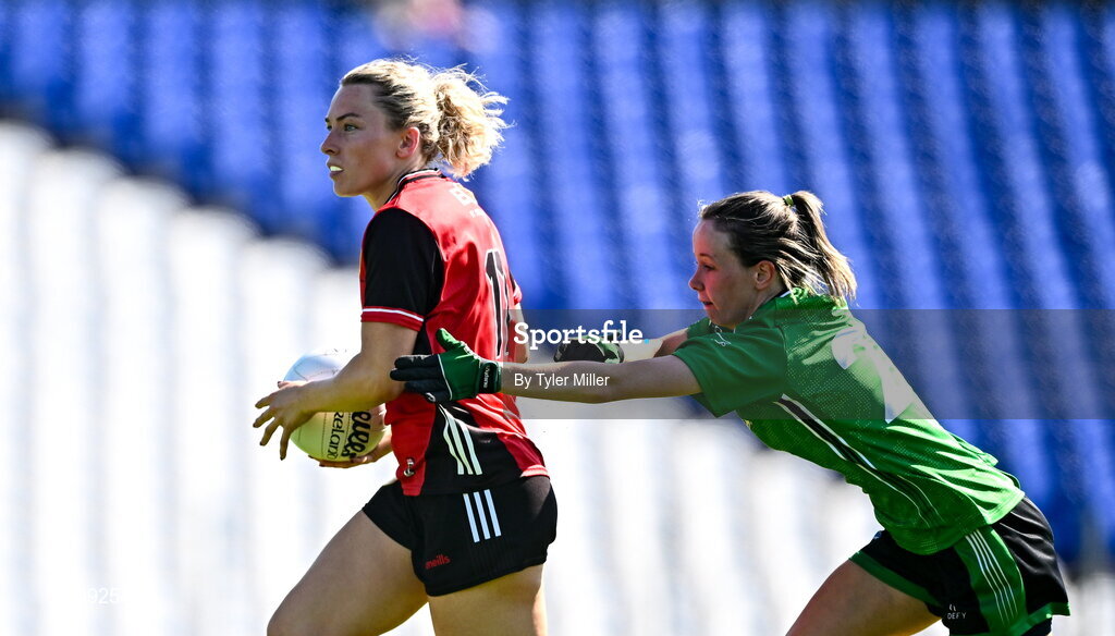 12 July 2026; Laoise Duffy of Down in action against Aisling O'Brien of Fermanagh during the LGFA TG4 All-Ireland Intermediate Championship semi-final match between Down and Fermanagh at St Tiernach’s Park in Clones, Monaghan. Photo by Tyler Miller/Sportsfile