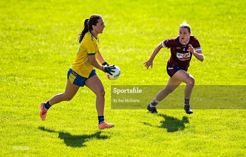 12 July 2026; Caoimhe Lennon of Roscommon in action against Fiona Coyle of Westmeath during the LGFA TG4 All-Ireland Intermediate Championship semi-final match between Roscommon and Westmeath at Kingspan Breffni in Cavan. Photo by Ben McShane/Sportsfile