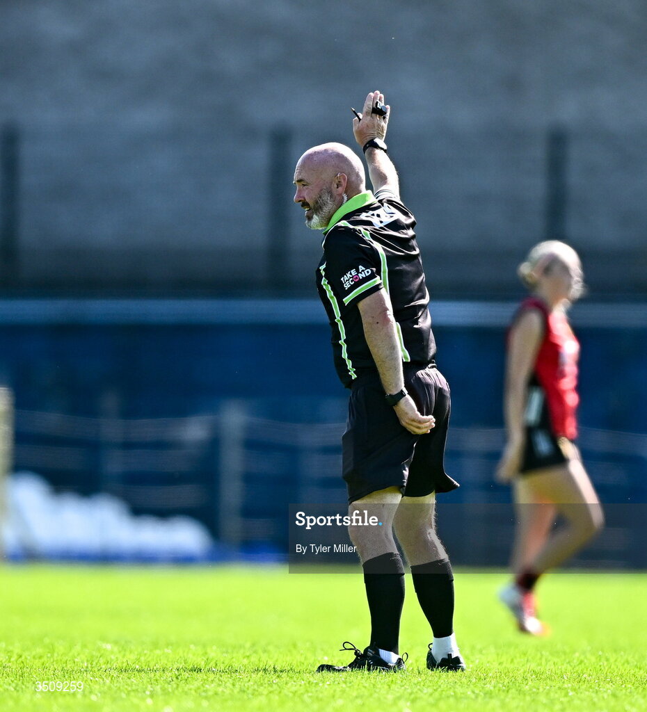 12 July 2026; Referee Gus Chapman during the LGFA TG4 All-Ireland Intermediate Championship semi-final match between Down and Fermanagh at St Tiernach’s Park in Clones, Monaghan. Photo by Tyler Miller/Sportsfile