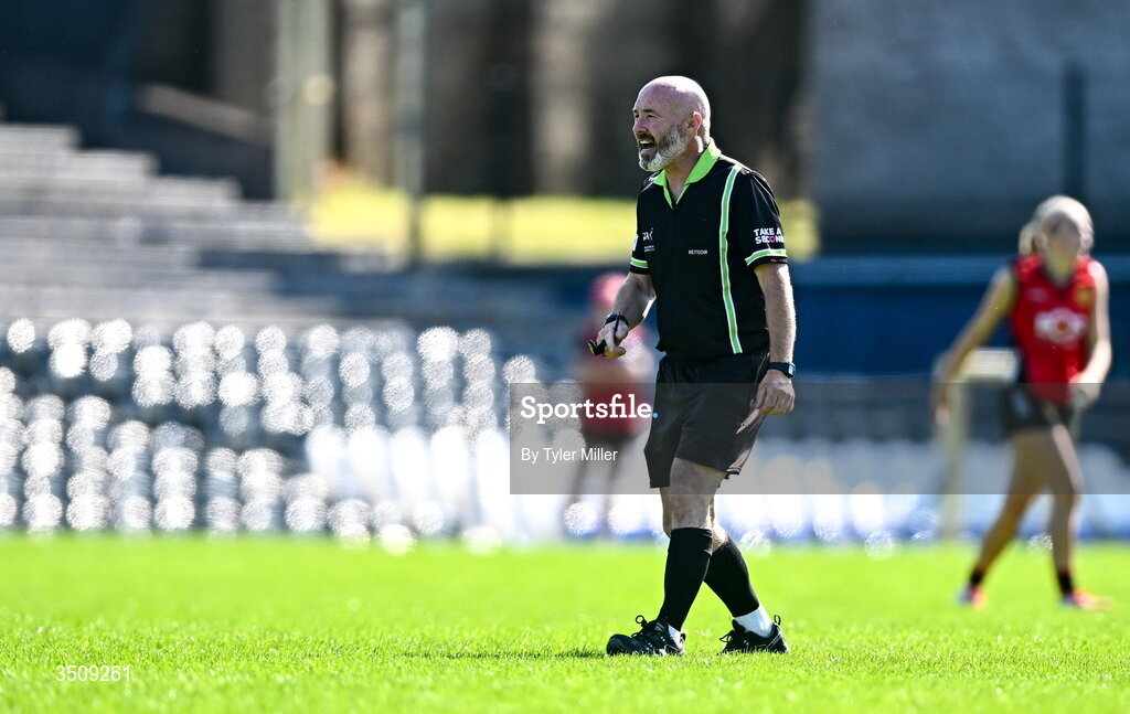 12 July 2026; Referee Gus Chapman during the LGFA TG4 All-Ireland Intermediate Championship semi-final match between Down and Fermanagh at St Tiernach’s Park in Clones, Monaghan. Photo by Tyler Miller/Sportsfile