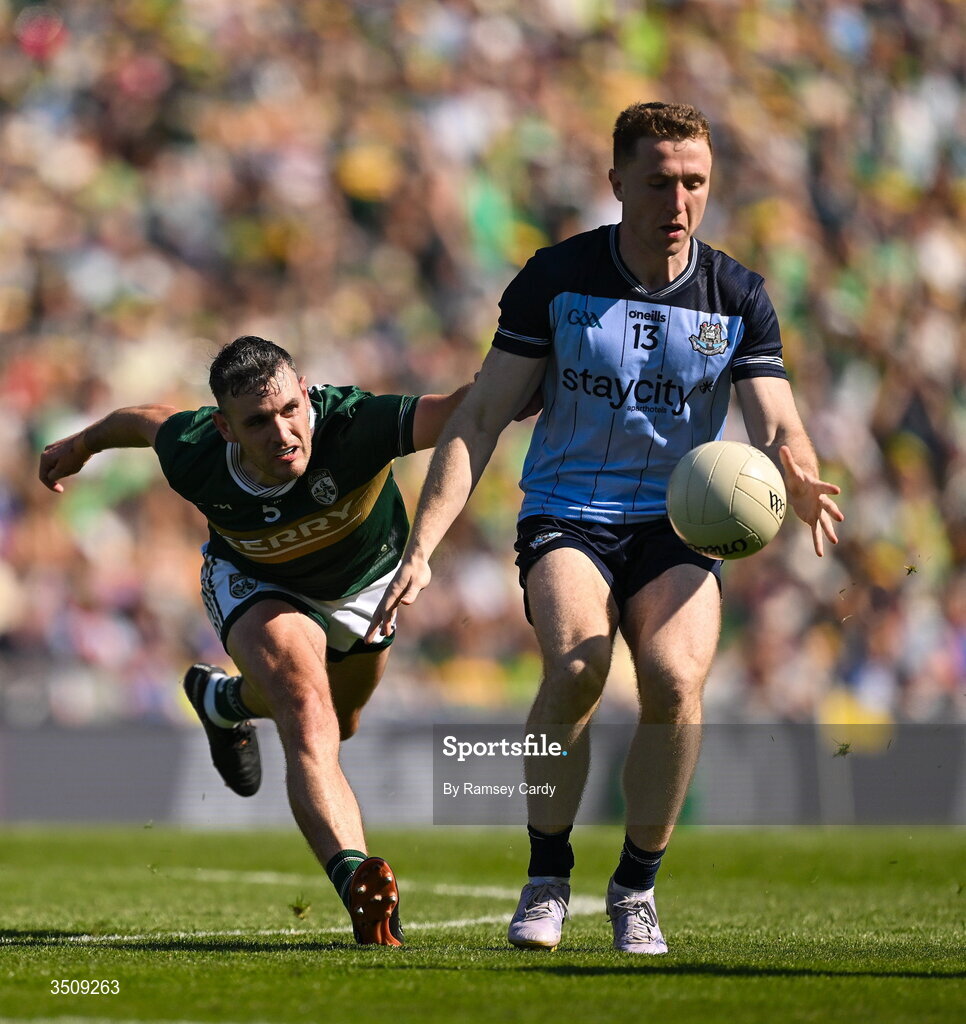 12 July 2026; Paddy Small of Dublin in action against Graham O'Sullivan of Kerry during the GAA Football All-Ireland Senior Championship semi-final match between Dublin and Kerry at Croke Park in Dublin. Photo by Ramsey Cardy/Sportsfile