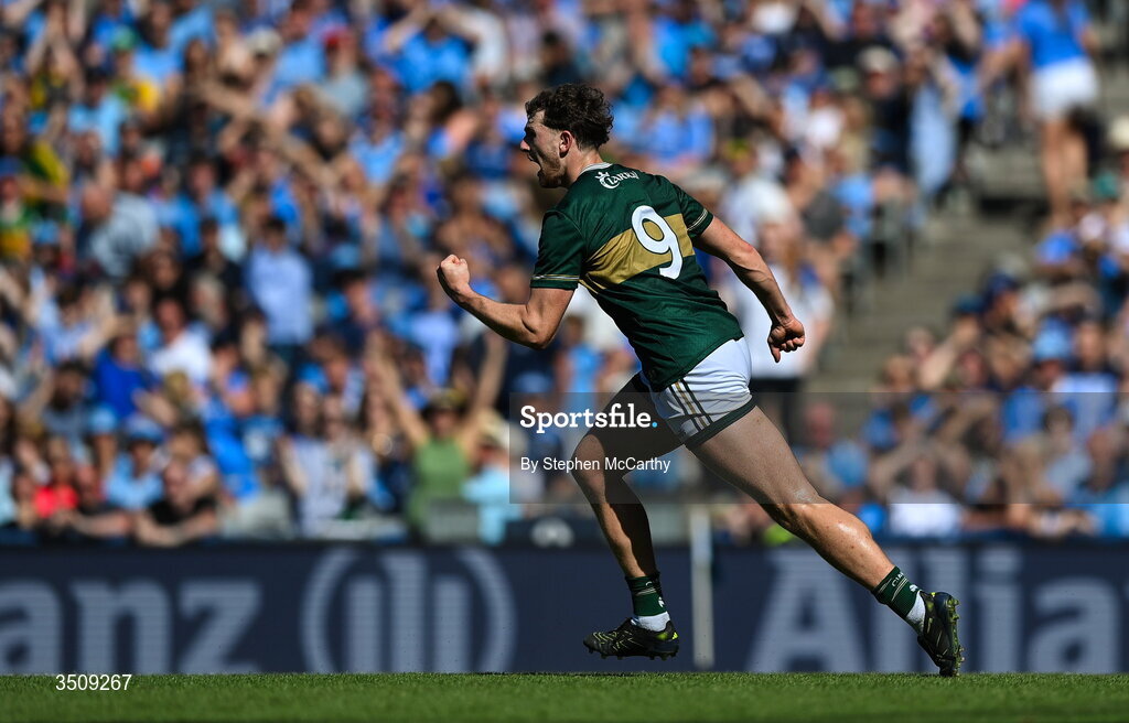 12 July 2026; Seán O'Brien of Kerry celebrates his side's second goal during the GAA Football All-Ireland Senior Championship semi-final match between Dublin and Kerry at Croke Park in Dublin. Photo by Stephen McCarthy/Sportsfile